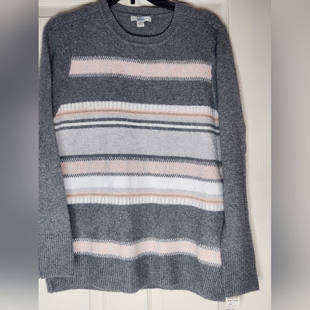 NWT Croft & Barrow M Women's  Pullover Longsleeve Knit Sweater Gray Striped  $44